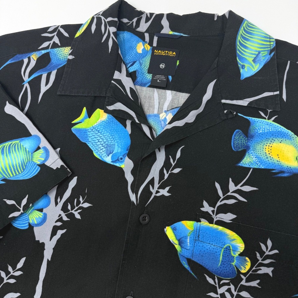 Nautica Competition Mens Large Black Tropical Fish Print‎ Cotton Camp Shirt